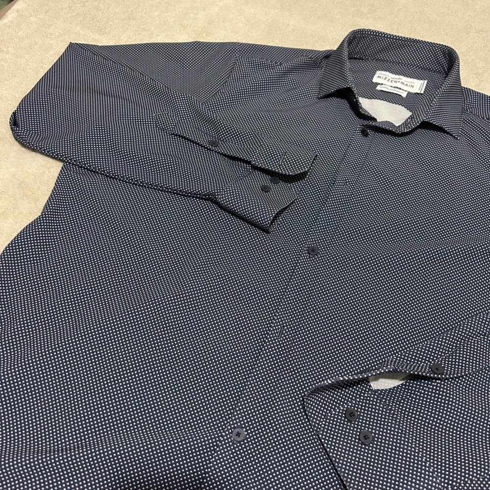 Mizzen+Main Leeward Dress Shirt Mens XL Navy Blue White Dot Performance